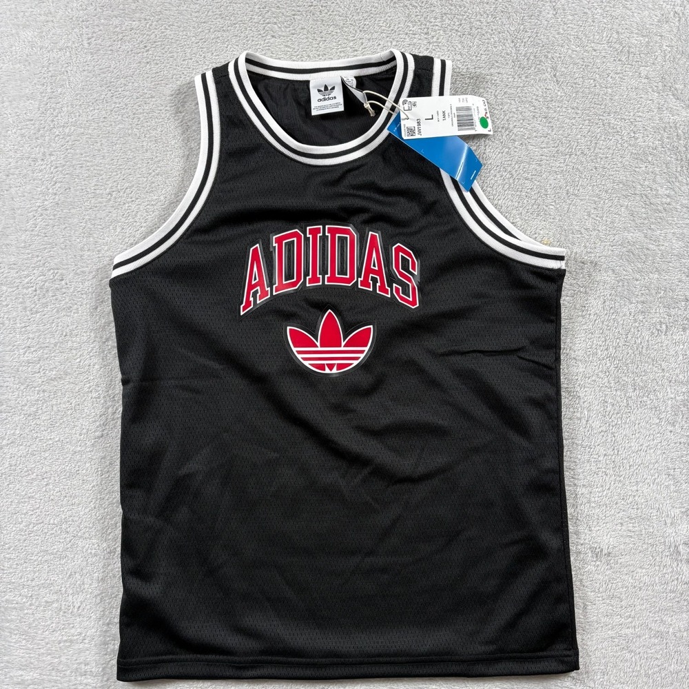 Adidas Jersey Tank Top Boys Large‎ Black Trefoil Logo Mesh Lined Round Neck